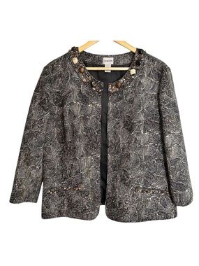 Chico's Beaded Blazer Size 3 US XL Cotton Silk Blend Collarless 3/4 Sleeve Black